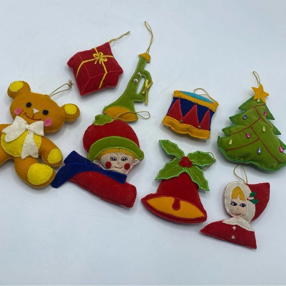 Vintage Felt handmade Christmas Ornaments Lot 8 Elf Tree Horn Drum Bear Bell
